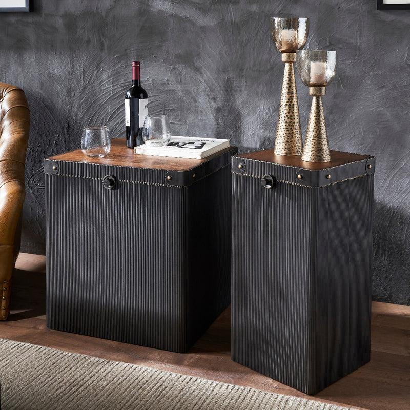 A gilded oakwood end table and accent table wrapped in the texture of corrugated lines, designed to elevate any space with a raw, humble and modern understanding of the present day context.